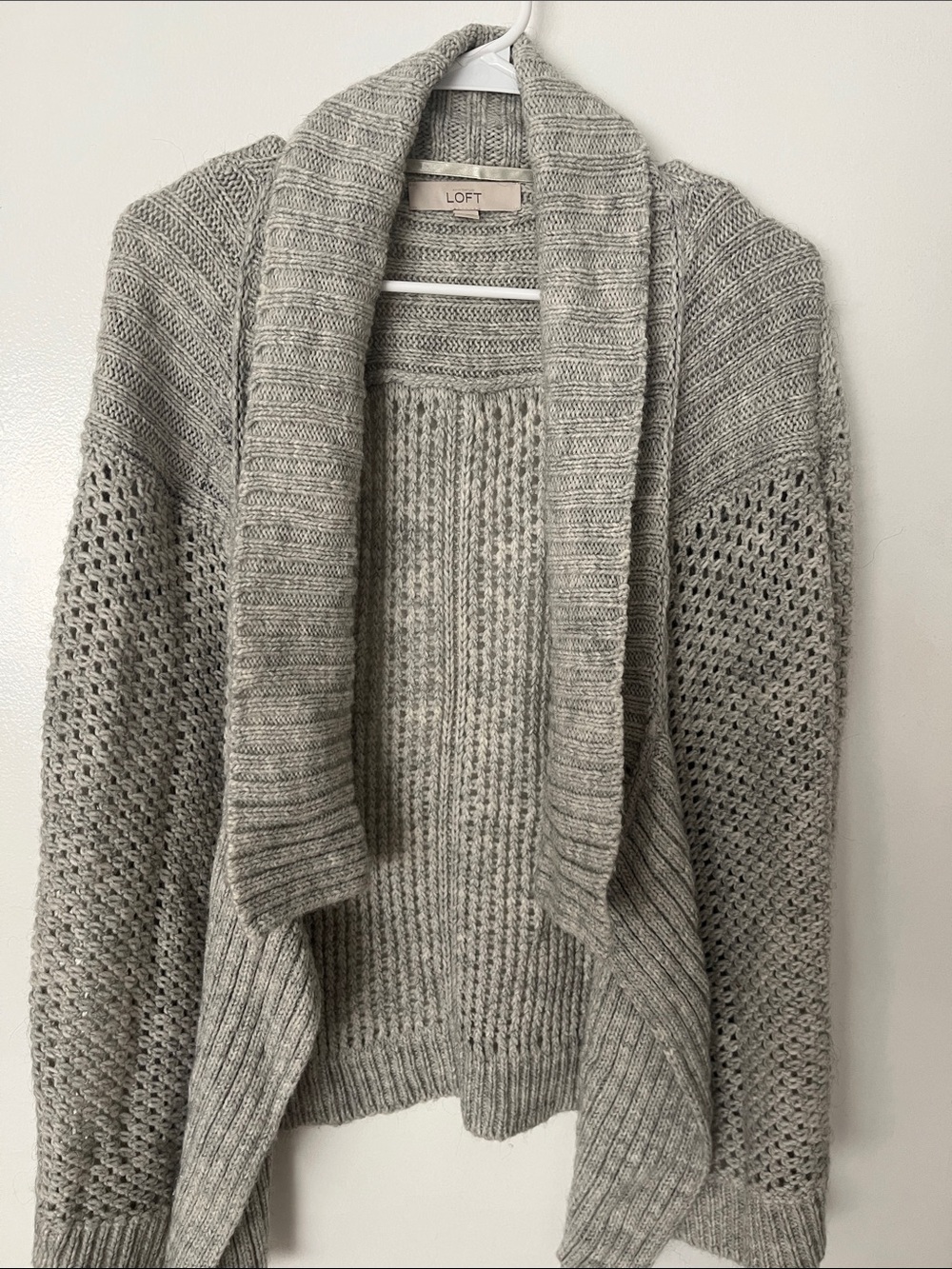 LOFT Light Gray Open-Front Chunky Shawl Collar Cardigan